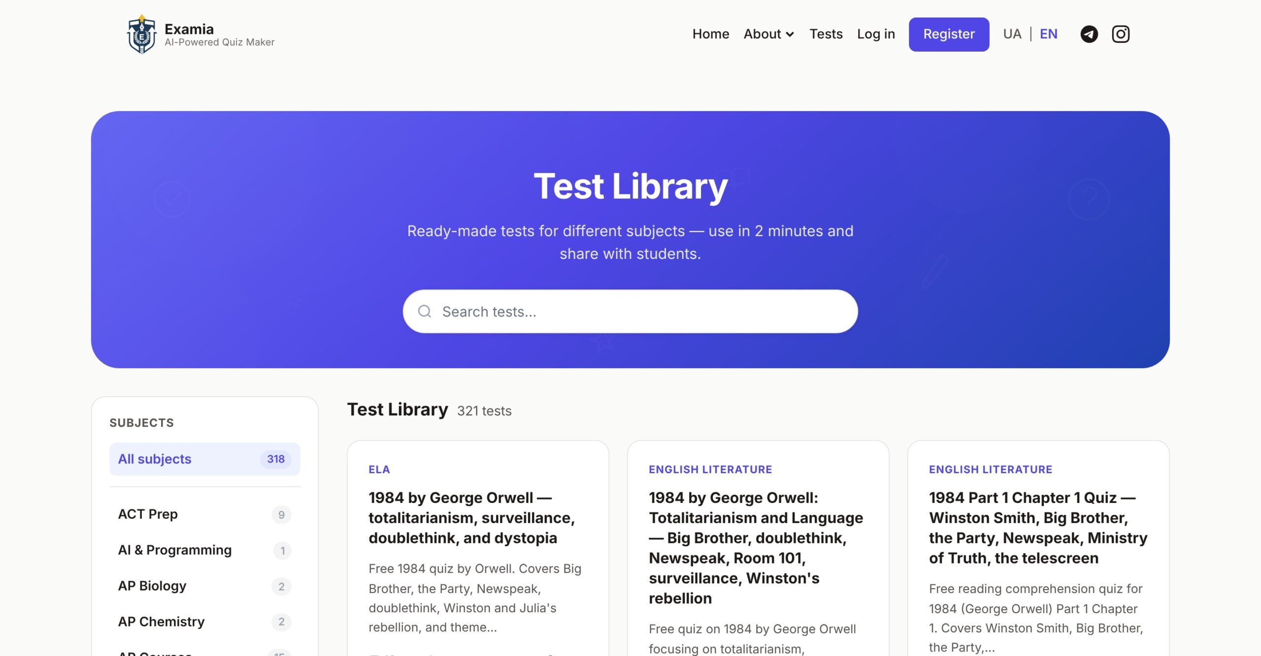 Examia public Test Library with ready-made tests by subject